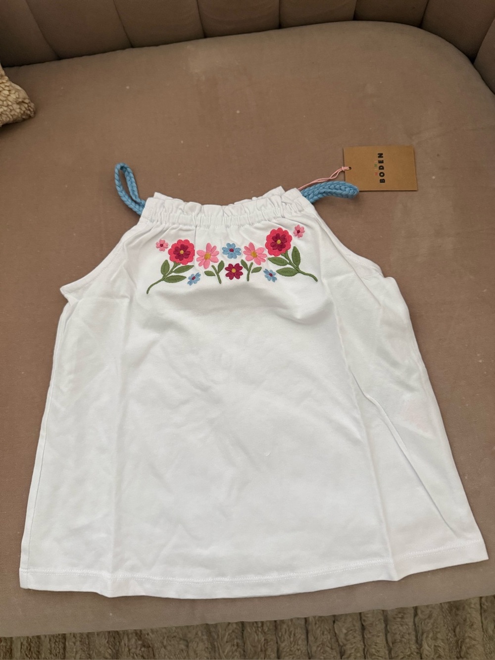 Boden Mini White Dress with Pink & Blue Floral Embroidery- Girls size 5-6